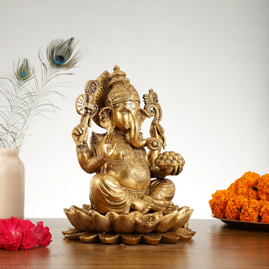 Brassaura™ Brass Handcrafted Ganapati Statue | Seated on Lotus | Height 12 Inches & Weight 9 Kgs