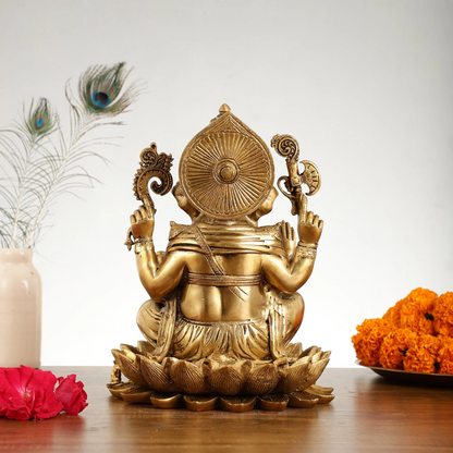 Brassaura™ Brass Handcrafted Ganapati Statue | Seated on Lotus | Height 12 Inches & Weight 9 Kgs