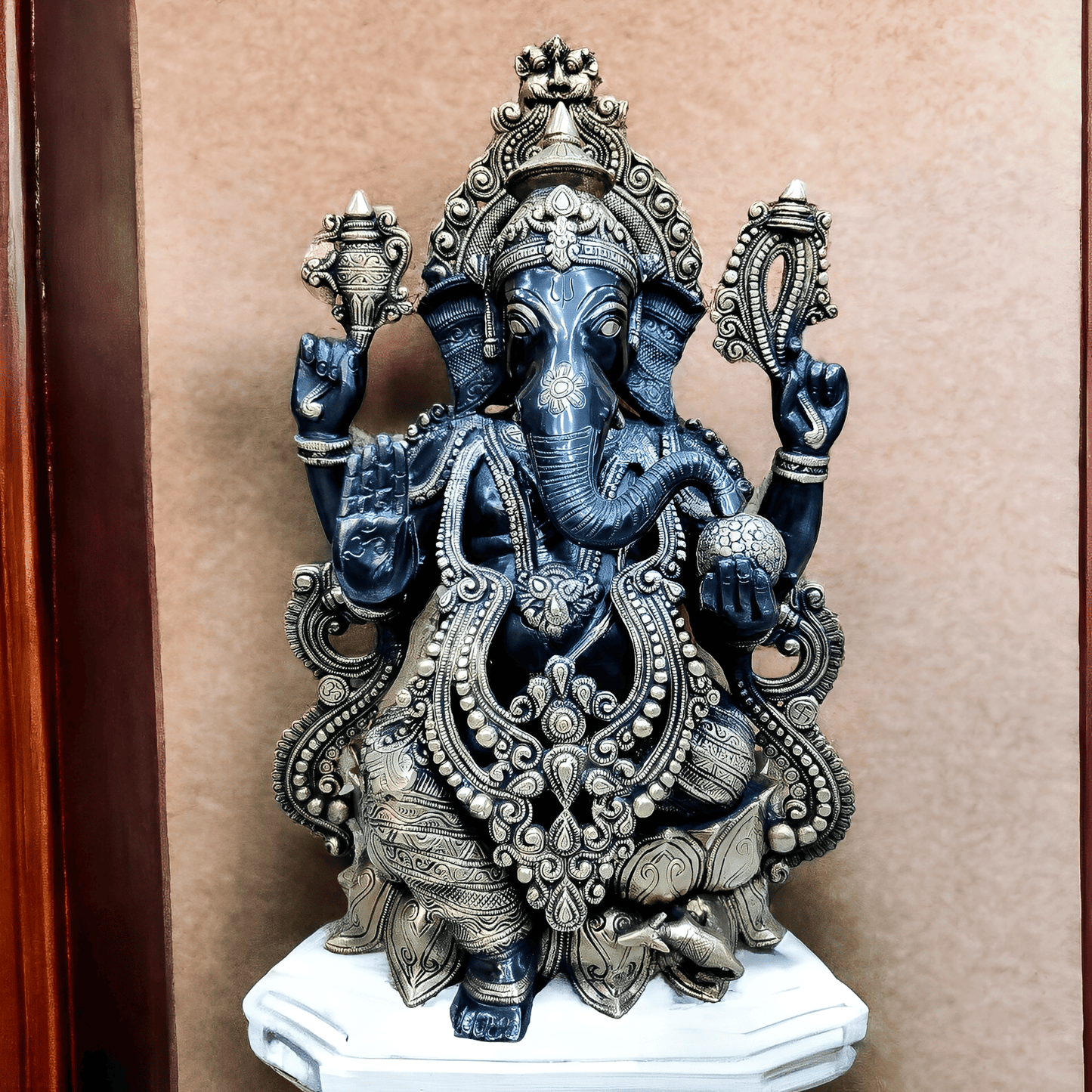 Brassaura® Brass Ganesha Seated on Lotus with Mouse and Jewelry Garland | Height 21 Inches