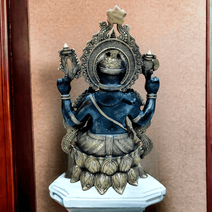 Brassaura® Brass Ganesha Seated on Lotus with Mouse and Jewelry Garland | Height 21 Inches