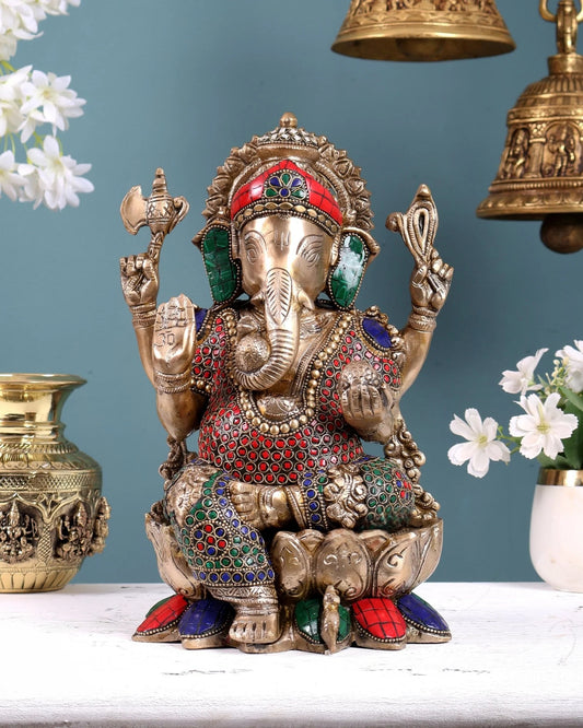 Brassaura® Brass Ganesha on Lotus Base Statue | Height 12 Inches