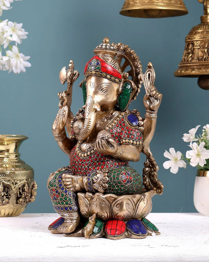 Brassaura® Brass Ganesha on Lotus Base Statue | Height 12 Inches
