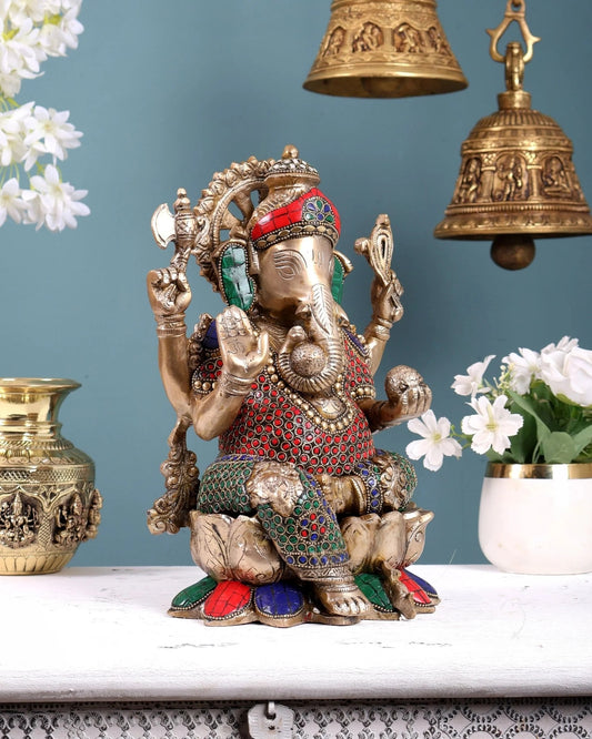 Brassaura® Brass Ganesha on Lotus Base Statue | Height 12 Inches