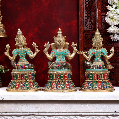 Brassaura® Ganesha Lakshmi Saraswati Idol Set with Colourful Stone Finish | Pure Superfine Brass Handcrafted Murti | Brass Statue for Home Temple, Pooja Room | Height 15 Inches | Weight 27 Kgs