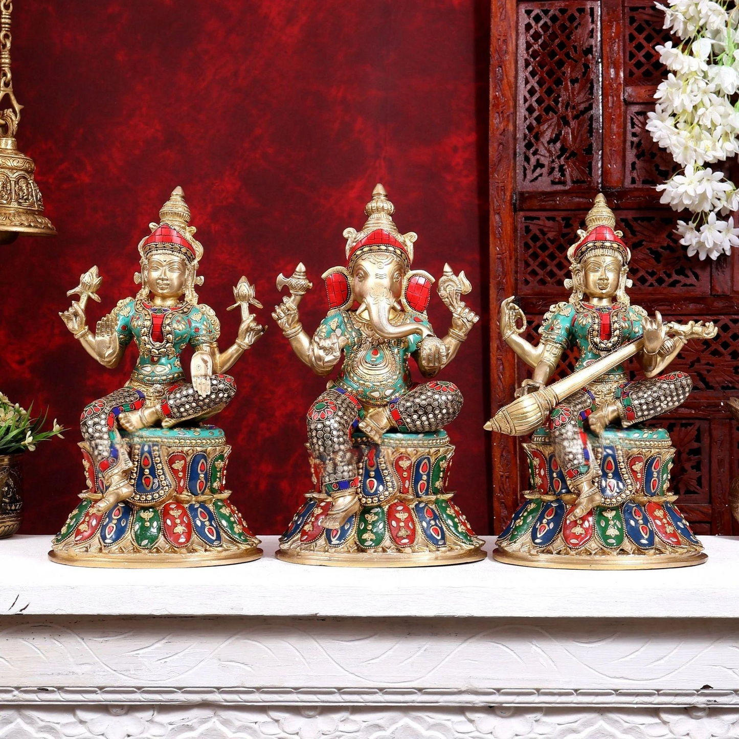Brassaura® Ganesha Lakshmi Saraswati Idol Set with Colourful Stone Finish | Pure Superfine Brass Handcrafted Murti | Brass Statue for Home Temple, Pooja Room | Height 15 Inches | Weight 27 Kgs