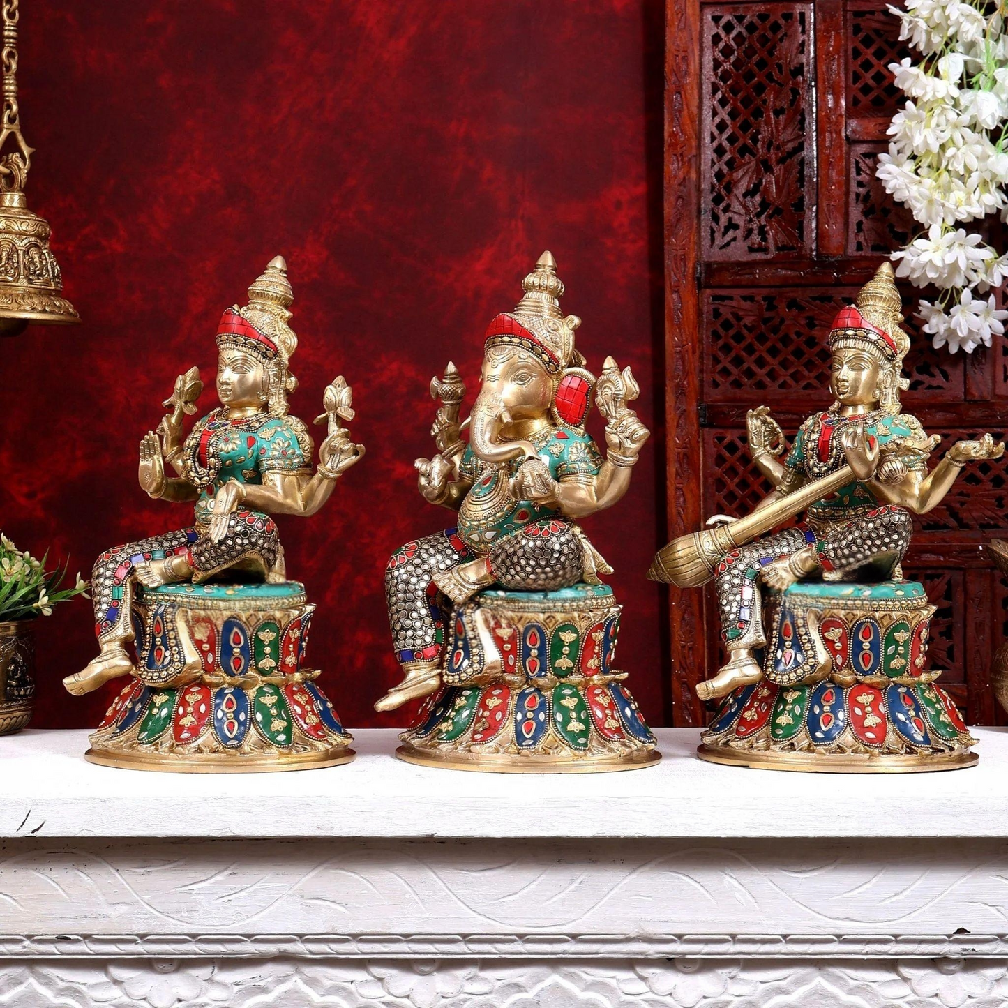 Brassaura® Ganesha Lakshmi Saraswati Idol Set with Colourful Stone Finish | Pure Superfine Brass Handcrafted Murti | Brass Statue for Home Temple, Pooja Room | Height 15 Inches | Weight 27 Kgs