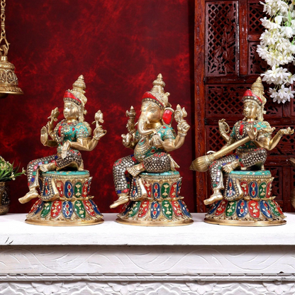Brassaura® Ganesha Lakshmi Saraswati Idol Set with Colourful Stone Finish | Pure Superfine Brass Handcrafted Murti | Brass Statue for Home Temple, Pooja Room | Height 15 Inches | Weight 27 Kgs