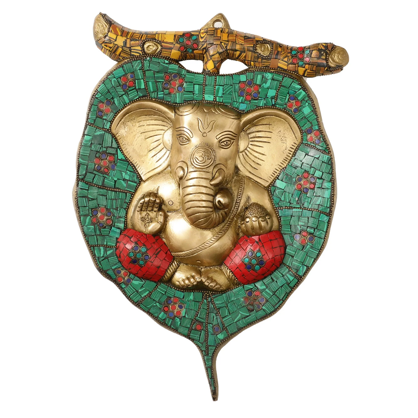 Brassaura™ Brass Ganesha on Leaf Wall Hanging | Handcrafted Fine Brass Art | Height 13 Inches & Weight 3 Kgs