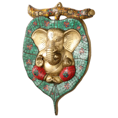 Brassaura™ Brass Ganesha on Leaf Wall Hanging | Handcrafted Fine Brass Art | Height 13 Inches & Weight 3 Kgs