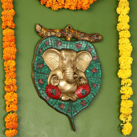 Brassaura™ Brass Ganesha on Leaf Wall Hanging | Handcrafted Fine Brass Art | Height 13 Inches & Weight 3 Kgs