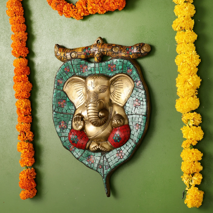 Brassaura™ Brass Ganesha on Leaf Wall Hanging | Handcrafted Fine Brass Art | Height 13 Inches & Weight 3 Kgs