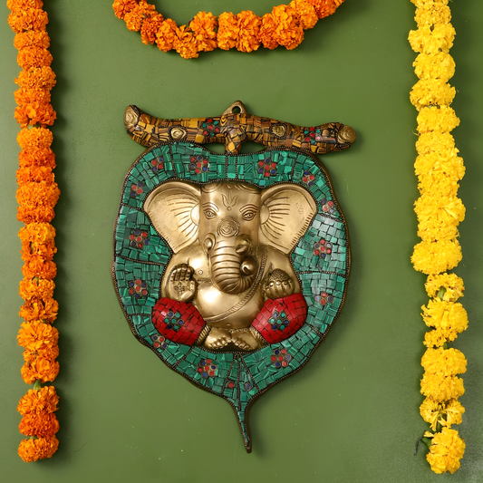Brassaura™ Brass Ganesha on Leaf Wall Hanging | Handcrafted Fine Brass Art | Height 13 Inches & Weight 3 Kgs
