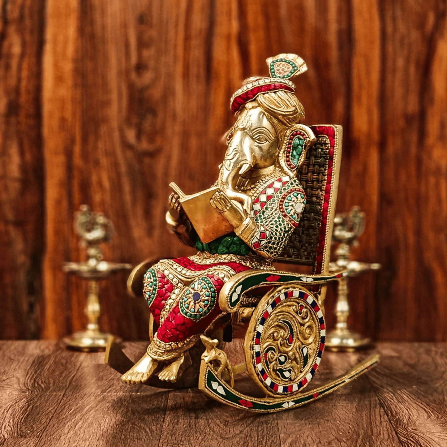 Brassaura™ Brass Ganesha on Rocking Chair Reading Book with Stonework | Height 17 Inches & Weight 15 Kgs