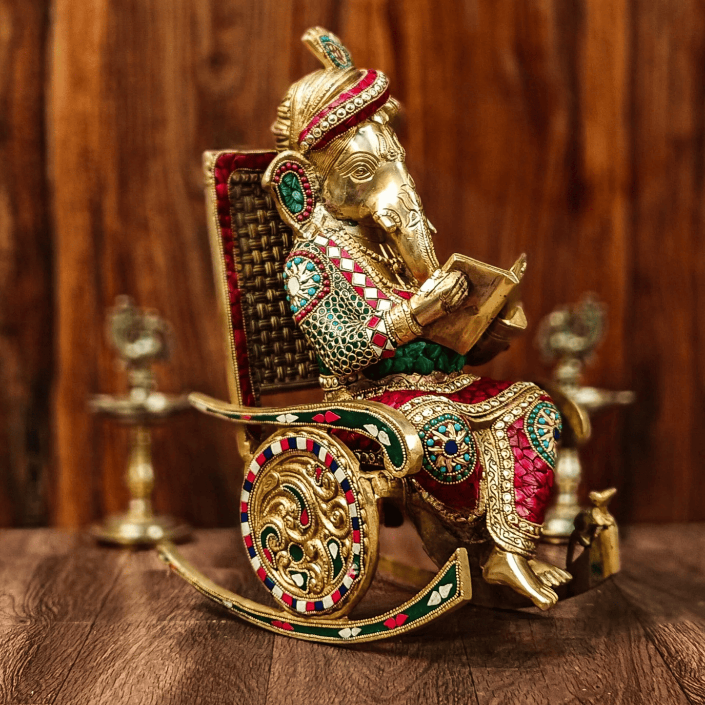 Brassaura™ Brass Ganesha on Rocking Chair Reading Book with Stonework | Height 17 Inches & Weight 15 Kgs