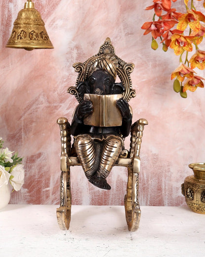 Brassaura® Brass Ganesha on Rocking Chair Statue | Height 17.5 Inches