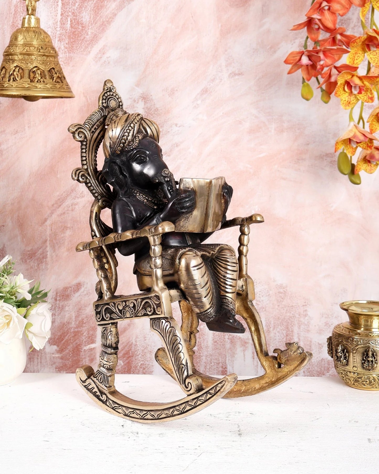 Brassaura® Brass Ganesha on Rocking Chair Statue | Height 17.5 Inches