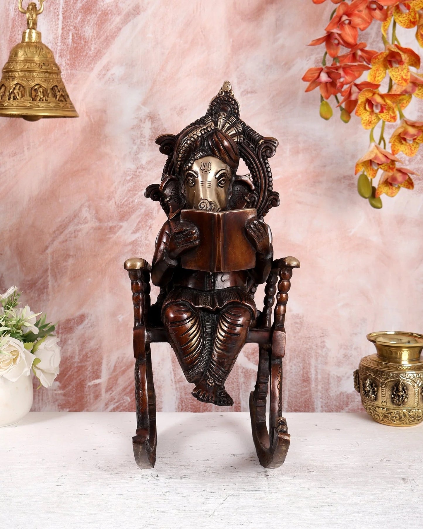 Brassaura® Brass Ganesha on Rocking Chair Statue | Height 17.5 Inches