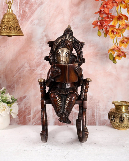 Brassaura® Brass Ganesha on Rocking Chair Statue | Height 17.5 Inches