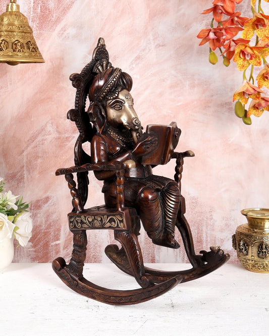 Brassaura® Brass Ganesha on Rocking Chair Statue | Height 17.5 Inches