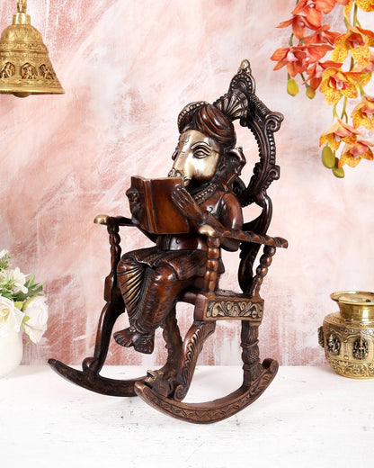 Brassaura® Brass Ganesha on Rocking Chair Statue | Height 17.5 Inches