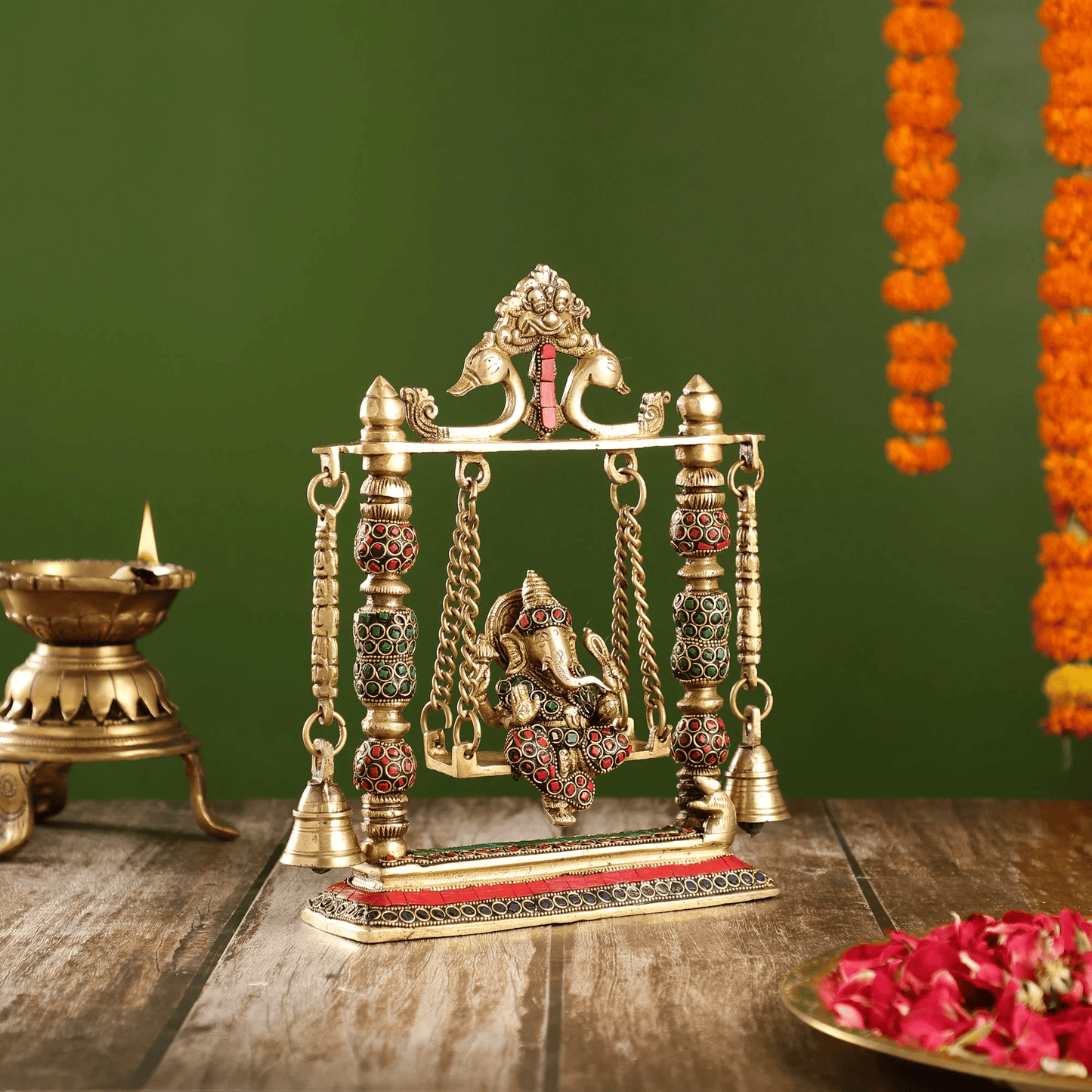 Brassaura™ Brass Ganesha on Swing with Meenakari Stonework | Height 10 Inches & Weight 2.5 Kgs