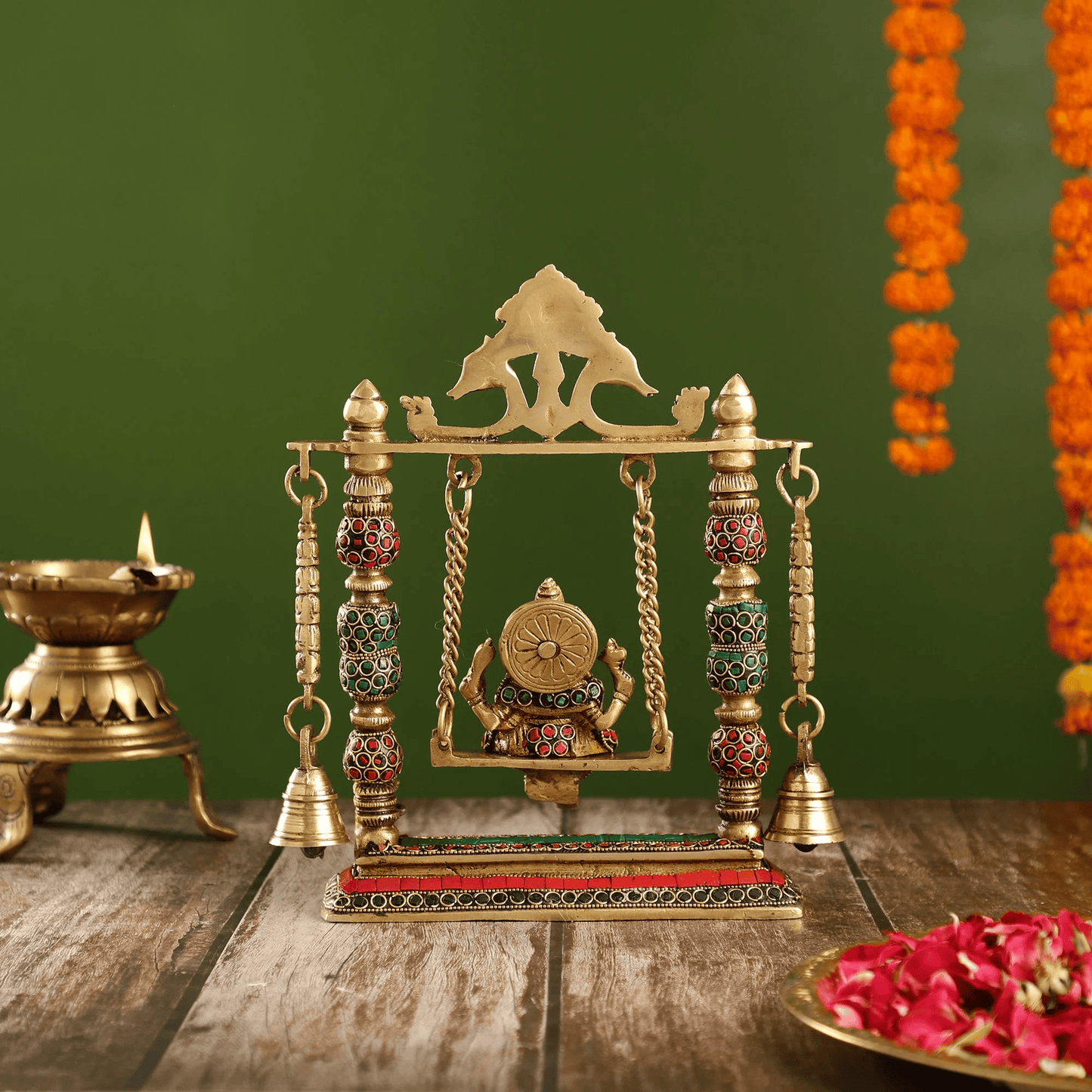 Brassaura™ Brass Ganesha on Swing with Meenakari Stonework | Height 10 Inches & Weight 2.5 Kgs