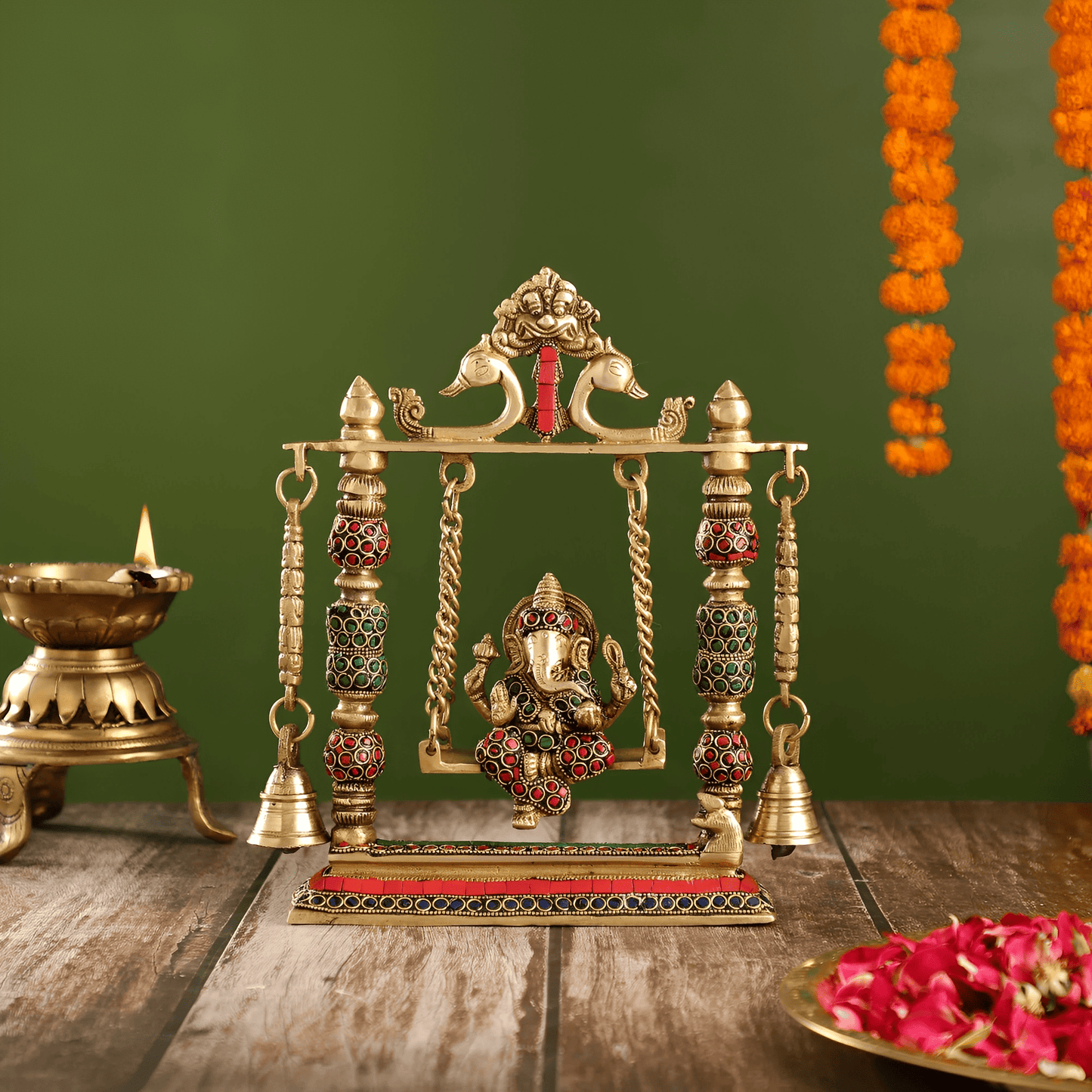 Brassaura™ Brass Ganesha on Swing with Meenakari Stonework | Height 10 Inches & Weight 2.5 Kgs