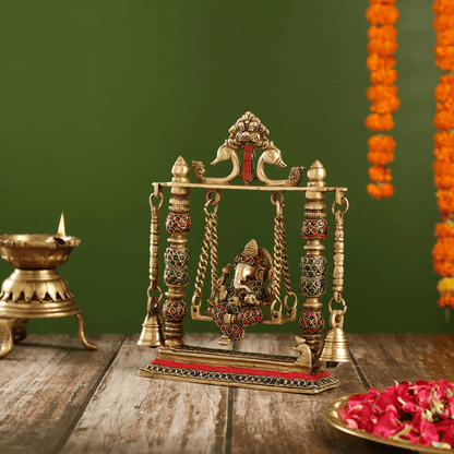 Brassaura™ Brass Ganesha on Swing with Meenakari Stonework | Height 10 Inches & Weight 2.5 Kgs