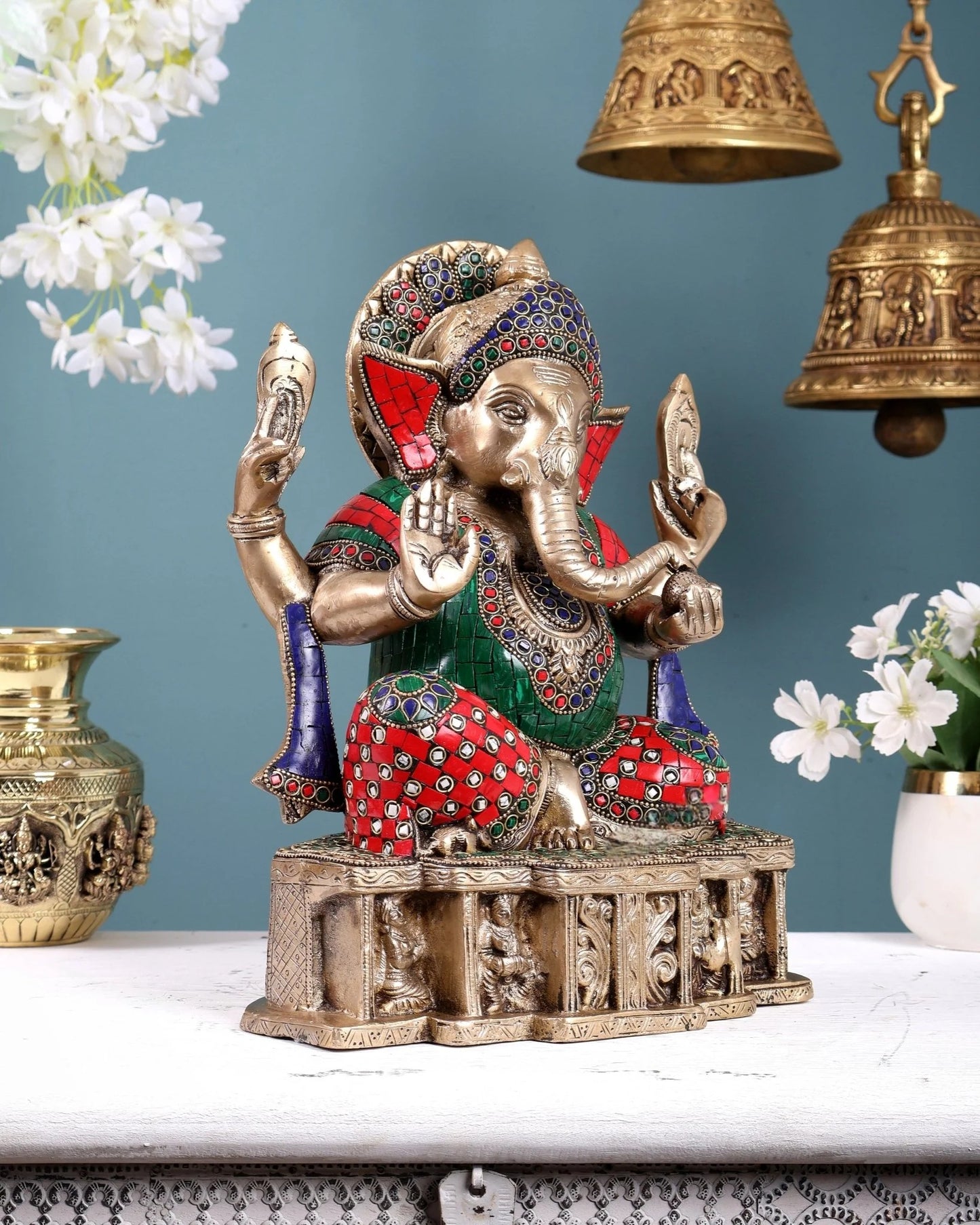 Brassaura® Brass Multicolour Lord Ganesha Statue | Height 12 Inches