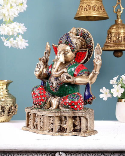 Brassaura® Brass Multicolour Lord Ganesha Statue | Height 12 Inches