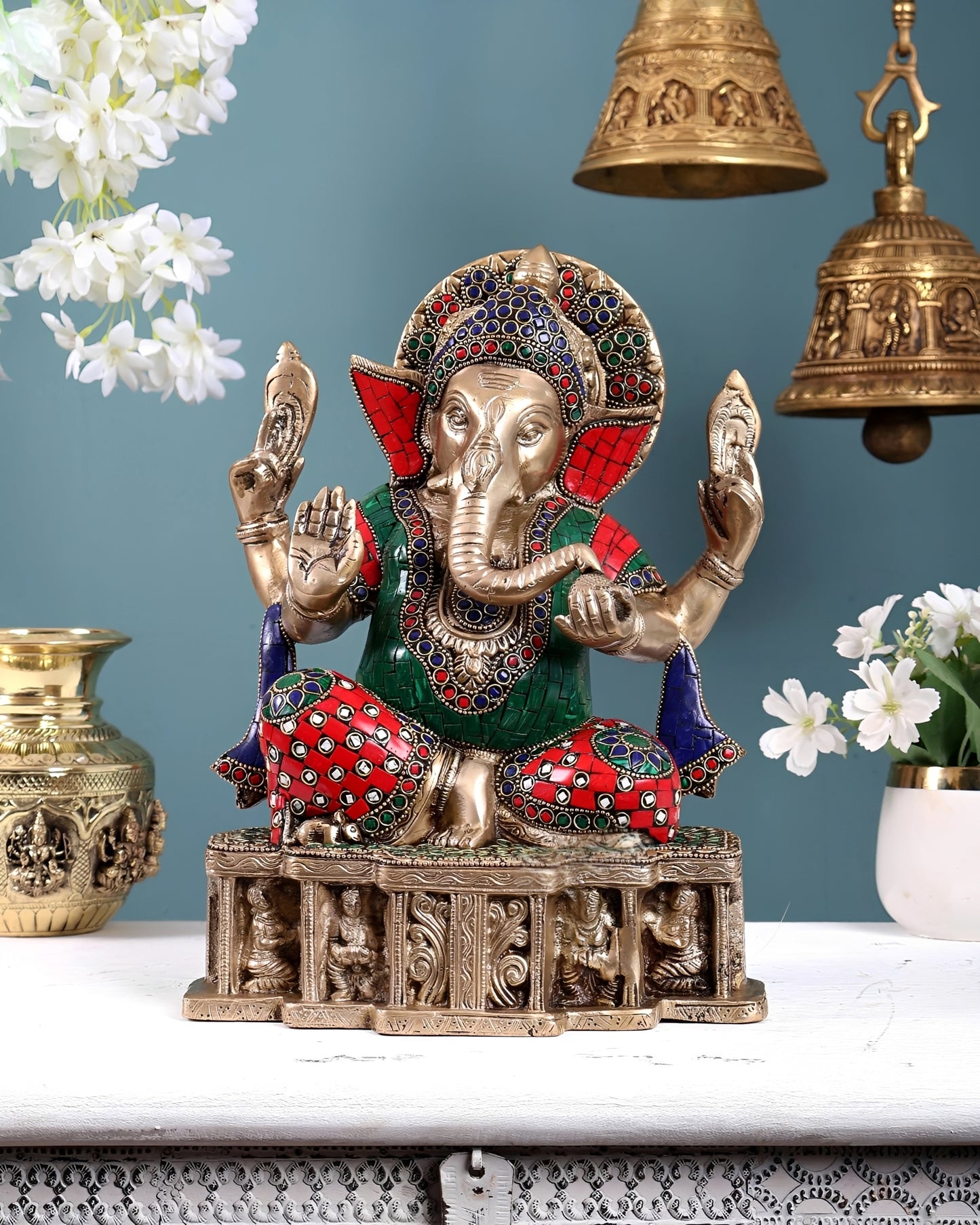 Brassaura® Brass Multicolour Lord Ganesha Statue | Height 12 Inches