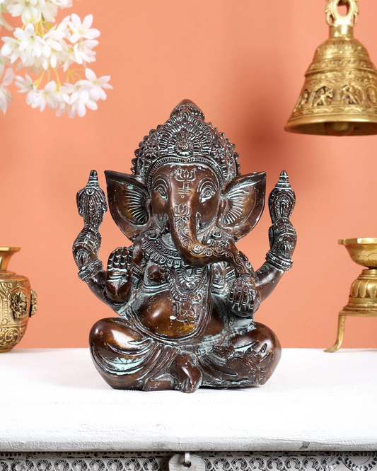 Brassaura® Seated Lord Ganesha Brass Sculpture | Heritage Dual-Tone Finish | Height 8.5 Inches & Weight 3.6 Kgs
