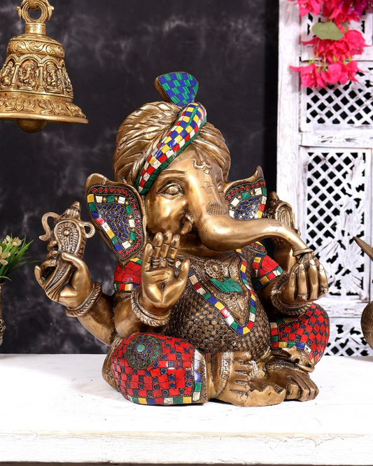 Brassaura® Lord Ganesha Seated Idol with Turban and Stonework with Natural Brass Finish | Pure Superfine Brass Handcrafted Murti | Brass Statue for Home Temple, Pooja Room | Height 13.5 Inches | Weight 14 Kgs