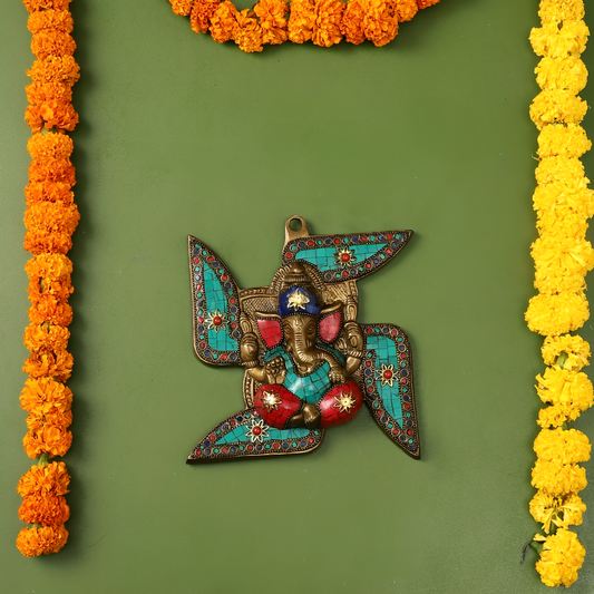 Brassaura™ Brass Ganesha Wall Hanging on Swastik | Height 7 Inches & Weight 1 Kg