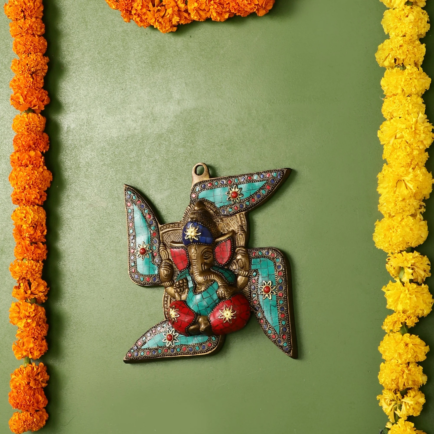 Brassaura™ Brass Ganesha Wall Hanging on Swastik | Height 7 Inches & Weight 1 Kg