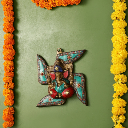 Brassaura™ Brass Ganesha Wall Hanging on Swastik | Height 7 Inches & Weight 1 Kg