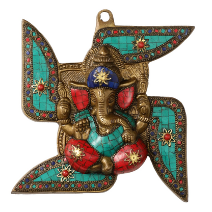Brassaura™ Brass Ganesha Wall Hanging on Swastik | Height 7 Inches & Weight 1 Kg