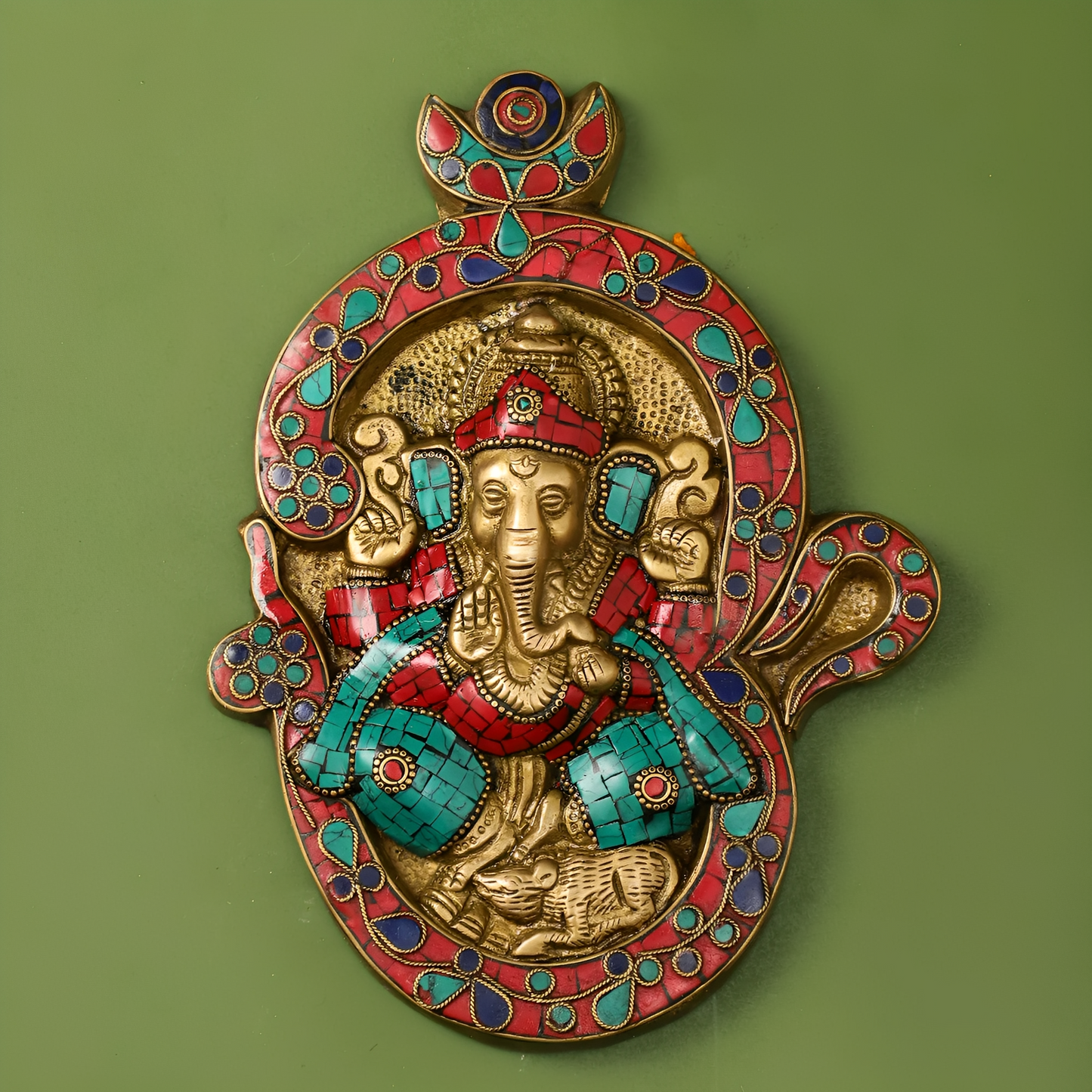 Brassaura™ Brass Ganesha Wall Hanging with Stonework | Height 9 Inches & Weight 1.36 Kgs