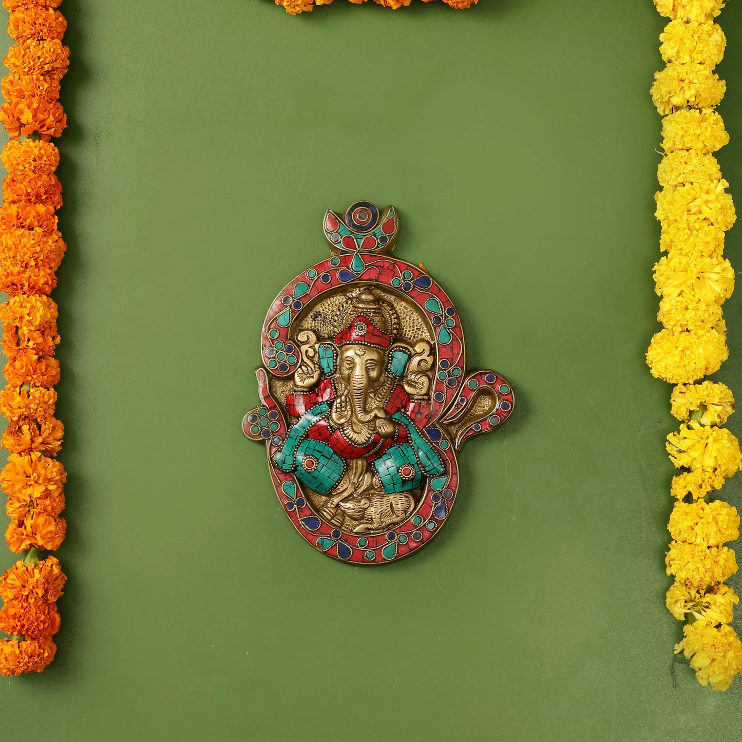 Brassaura™ Brass Ganesha Wall Hanging with Stonework | Height 9 Inches & Weight 1.36 Kgs