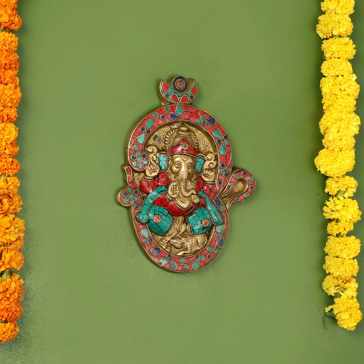 Brassaura™ Brass Ganesha Wall Hanging with Stonework | Height 9 Inches & Weight 1.36 Kgs