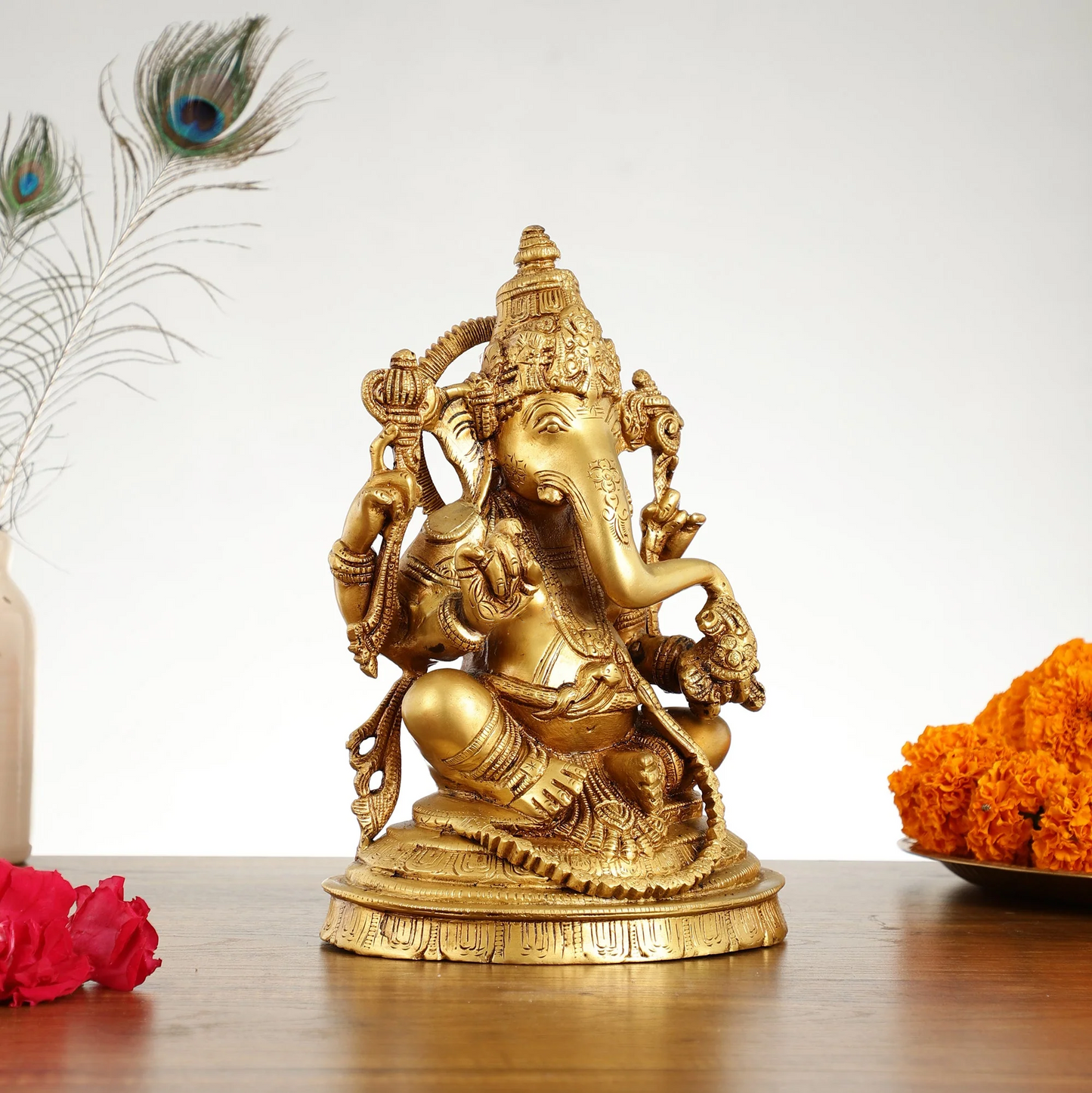 Brassaura™ Pure Brass Handcrafted Lord Ganesha Statue | Intricate Carvings | Height 10.5 Inches & Weight 4.5 Kgs