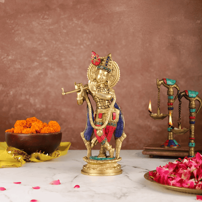 Brassaura™ Lord Krishna Brass Idol | Pure Brass with Stonework | Height 11 Inches & Weight 3.3 Kgs