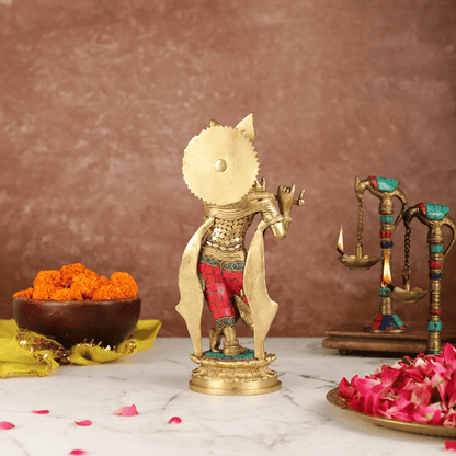 Brassaura™ Lord Krishna Brass Idol | Pure Brass with Stonework | Height 11 Inches & Weight 3.3 Kgs