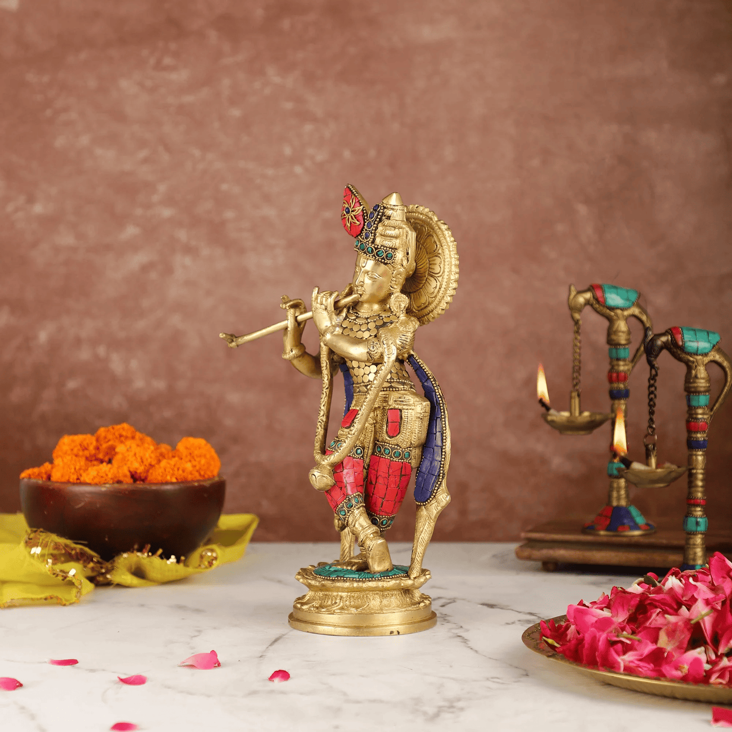 Brassaura™ Lord Krishna Brass Idol | Pure Brass with Stonework | Height 11 Inches & Weight 3.3 Kgs