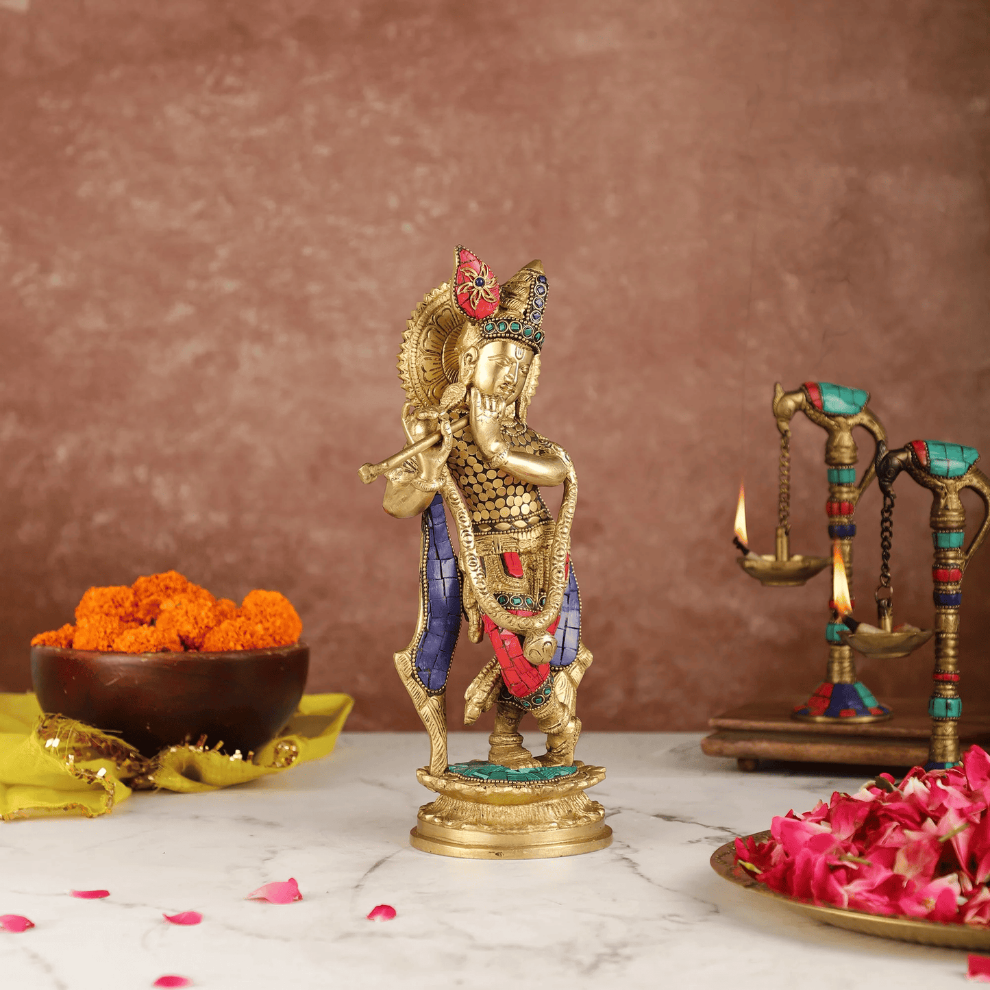 Brassaura™ Lord Krishna Brass Idol | Pure Brass with Stonework | Height 11 Inches & Weight 3.3 Kgs