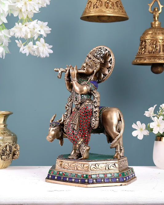 Brassaura® Brass Lord Krishna with Cow Statue | Height 11.5 Inches