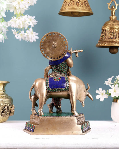 Brassaura® Brass Lord Krishna with Cow Statue | Height 11.5 Inches