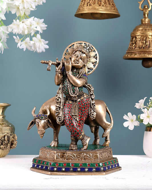 Brassaura® Brass Lord Krishna with Cow Statue | Height 11.5 Inches