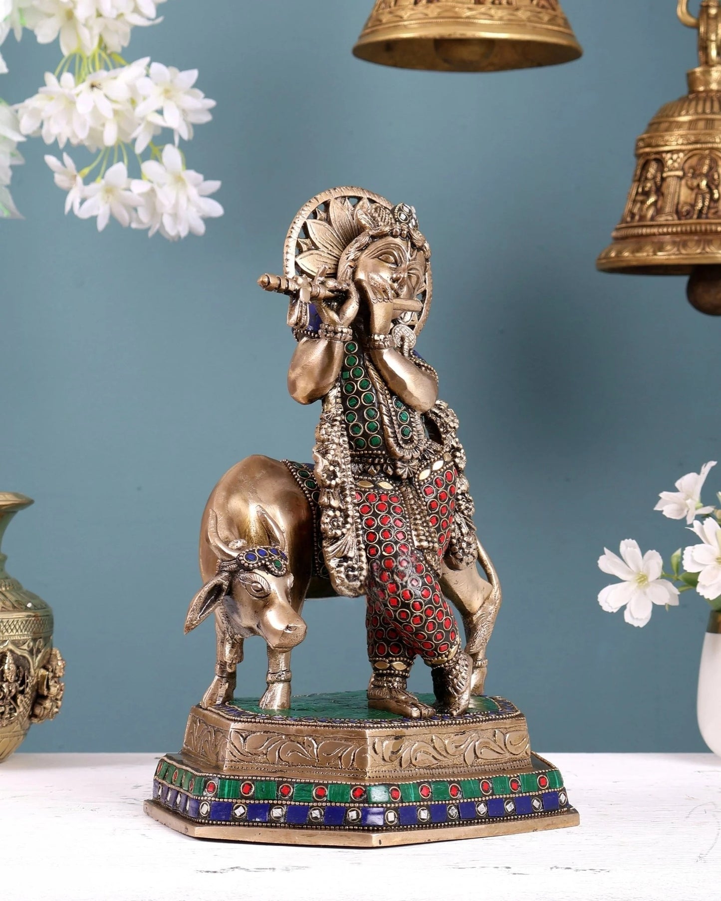 Brassaura® Brass Lord Krishna with Cow Statue | Height 11.5 Inches