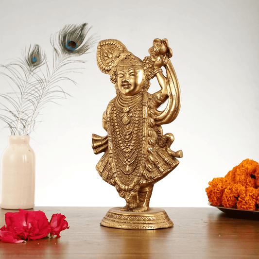 Brassaura™ Lord Shrinath Ji Brass Statue | Golden Finish | Height 13 Inches & Weight 4.5 Kgs